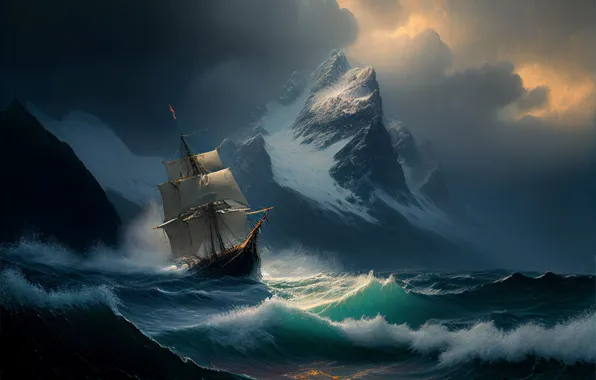 Природа, Море, Скалы, Волны, Корабль, Тучи, Шторм, Парусник