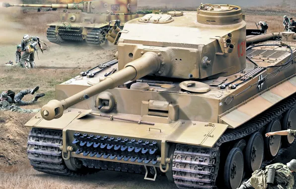Война, рисунок, Тигр, бой, арт, Panzerkampfwagen VI, Tiger I, немецкий тяжёлый танк