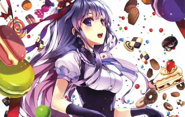 Картинка девушка, аниме, арт, сладости, шляпка, пирожные, kuroya shinobu, eshi 100-nin ten