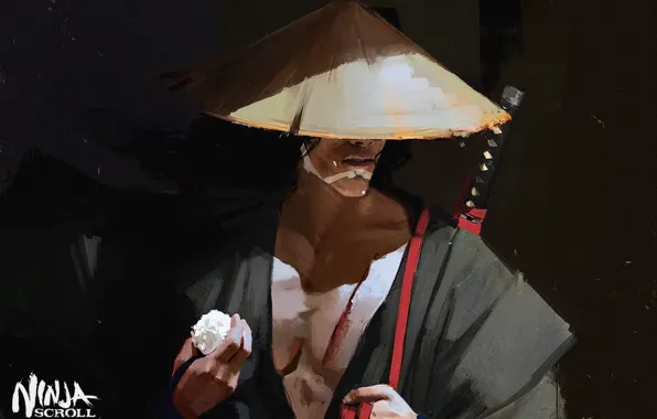 Картинка катана, самурай, рис, японская одежда, art, рукоятка, соломенная шляпа, Maciej Kuciara