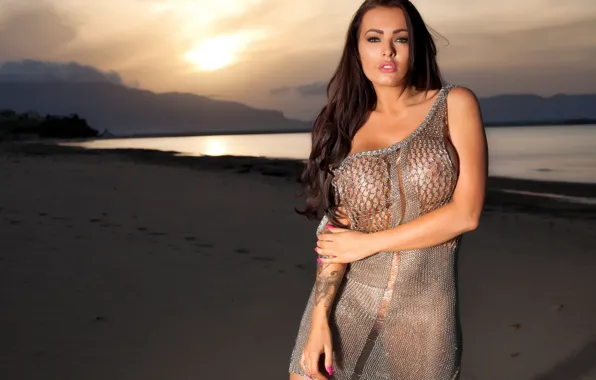 Sexy, dress, nipples, boobs, tattoos, busty, Charley Atwell, metal mesh