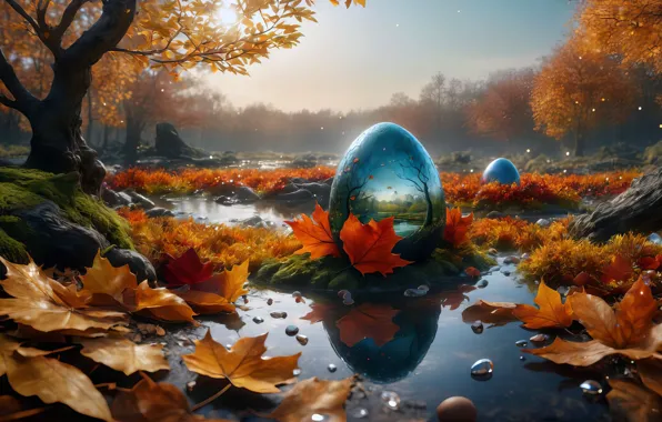 Картинка fantasy, autumn, leaves, egg, crystal egg