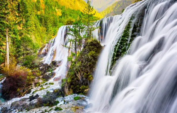 Картинка осень, лес, деревья, горы, камни, скалы, водопад, Китай