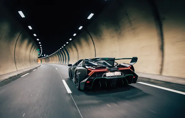 Roadster, Lamborghini, суперкар, тоннель, supercar, вид сзади, 2014, Veneno