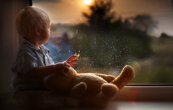 Картинка капли, отражение, игрушка, ребенок, мальчик, малыш, медведь, окно
