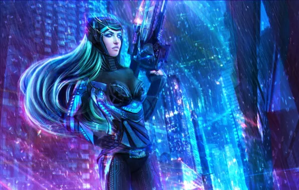 Gun, bodysuit, weapon, League of Legends, LOL, oppai, Nanotech Caitlyn