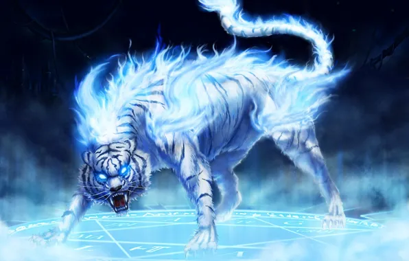 Картинка синий, тигр, огонь
