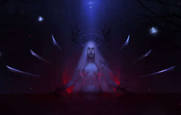 Девушка, Ночь, Озеро, Река, Свет, Girl, Кровь, Light