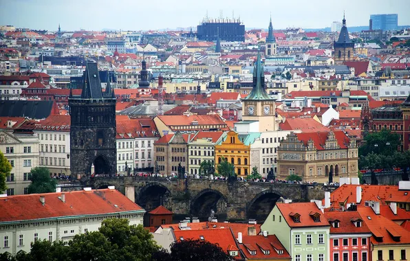Башня, дома, Прага, Чехия, панорама, Карлов мост