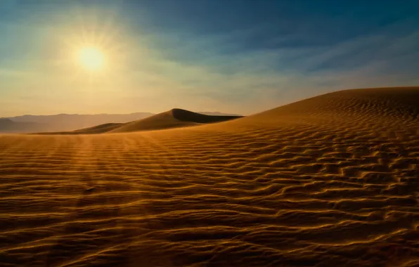 Картинка песок, солнце, пейзаж, закат, пустыня, дюны