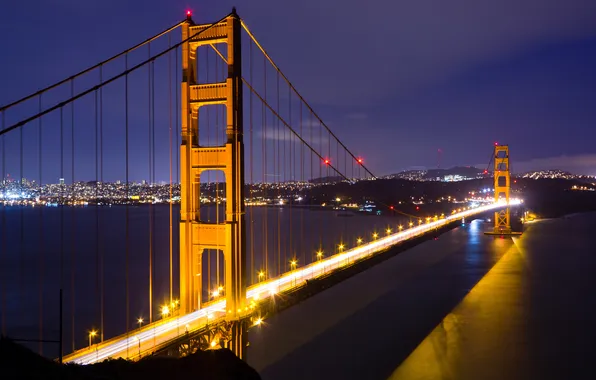 Картинка ночь, мост, огни, залив, золотые ворота, сша, San Francisco