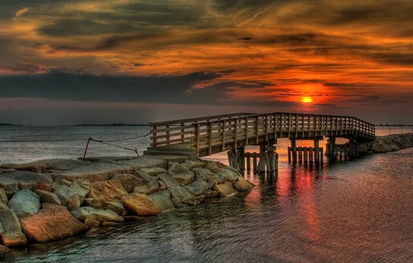 Картинка море, закат, мост, природа