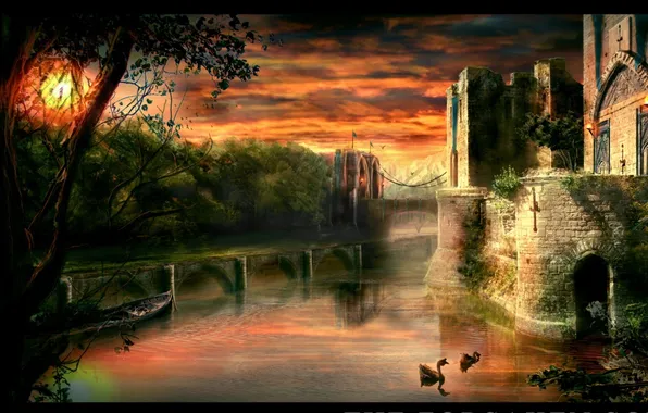 Закат, мост, озеро, замок, fantasy