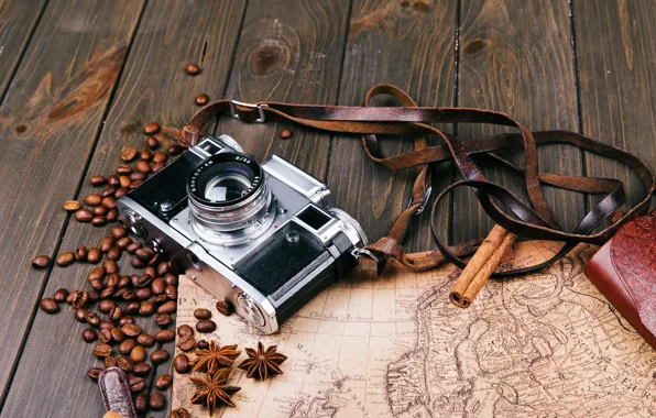 Карта, Фотоаппарат, гвоздика, Кофейные зерна, Корица