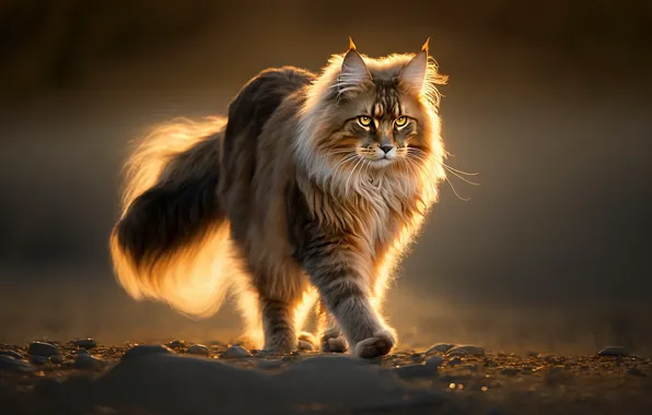 Кошка, кот, взгляд, природа, поза, прогулка, мордашка, мейн-кун
