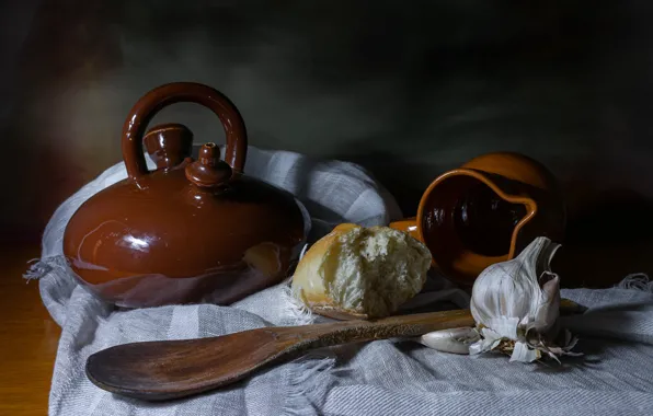 Чайник, хлеб, кувшин, натюрморт