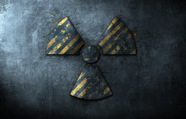 Картинка асфальт, трещины, знак, радиация, Радиоактивный знак