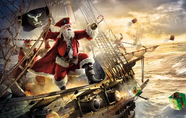 Картинка пираты, фрегат, Santa Claus, Санта-Клаус