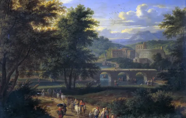 Картинка деревья, мост, люди, замок, картина, Пейзаж с Дорогой к Реке, Адриан Франс Будевинс