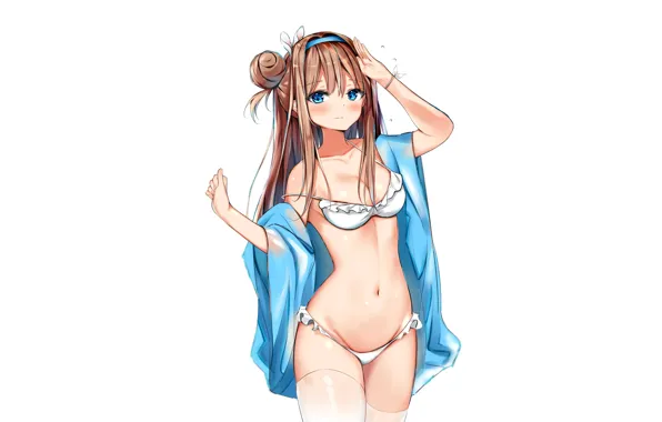 Girl, sexy, cleavage, thighhighs, long hair, brown hair, boobs, anime