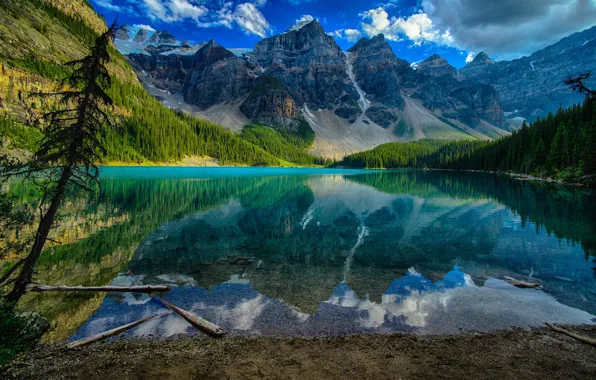 Картинка лес, облака, деревья, горы, озеро, скалы, Канада, Banff National Park