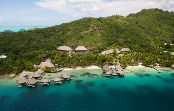 Пляж, океан, остров, курорт, лагуна, Bora-Bora, бунгала