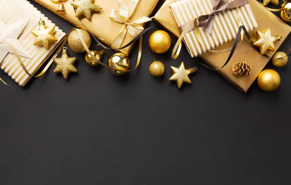 Украшения, золото, шары, Новый Год, Рождество, подарки, golden, черный фон