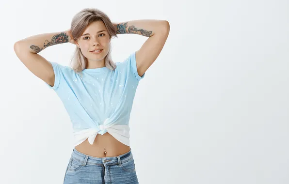 Girl, woman, beautiful, model, tattoo, jeans, cute, piercing