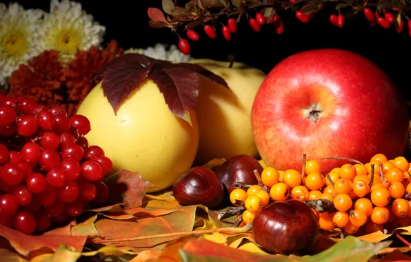 Осень, листья, цветы, яблоки, натюрморт, каштан, калина, облепиха