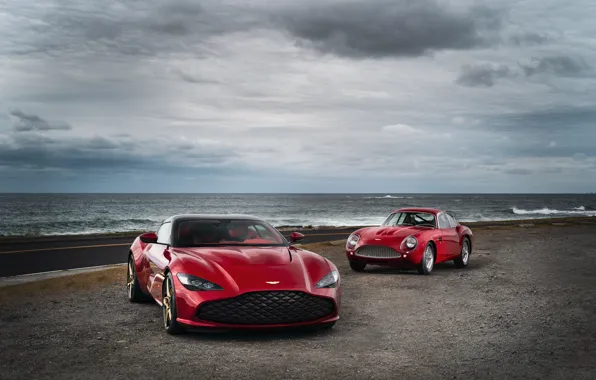 Aston Martin, красные, на берегу, Zagato, 2020, DB4 GT Zagato Continuation, DBS GT Zagato