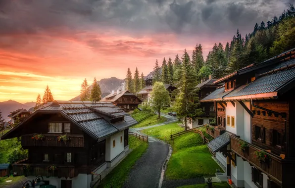 Картинка пейзаж, горы, природа, дома, дорожки, утро, Австрия, деревня