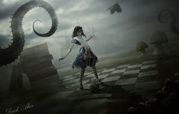Картинка девушка, замок, гриб, книги, кролик, платье, черепа, щупальце