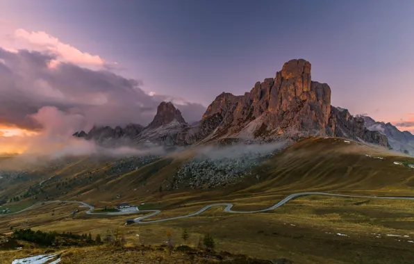 Картинка дорога, облака, горы, скалы, Италия, Доломитовые Альпы