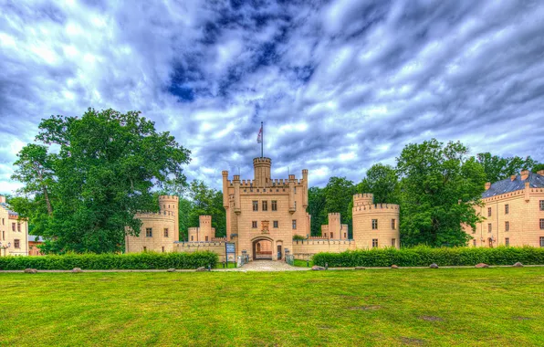 Небо, облака, деревья, природа, замок, HDR, Германия, Germany
