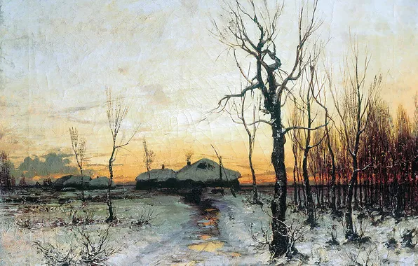 Дома, Зима, Деревья, Снег, Картина, Юлий Клевер, Русский художник, Julius Klever