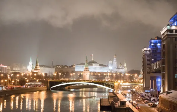 Ночь, город, огни, река, Москва, Кремль, Russia, Moscow