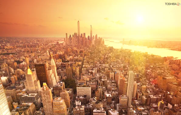 Картинка солнце, город, здания, дома, америка, нью-йорк, сша, небоскрёбы