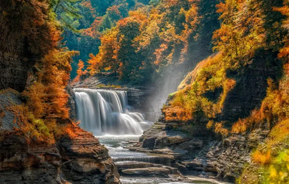 Картинка осень, лес, деревья, камни, скалы, водопад, поток, каскад