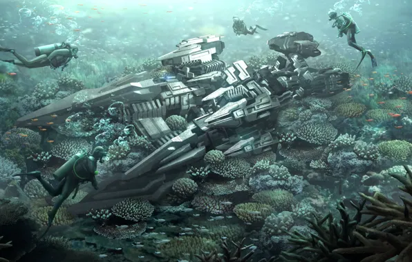 Картинка море, дно, кораллы, аквалангист, пришельцы, риф, космический корабль, дайвер