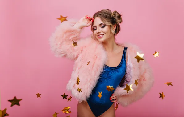 Картинка women, pink jacket, one-piece swimsuit, pink background, blue swimsuit, closed eyes, brunette, smiling