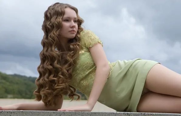 Long hair, nature, clouds, brunette, minidress, women outdoors, looking away