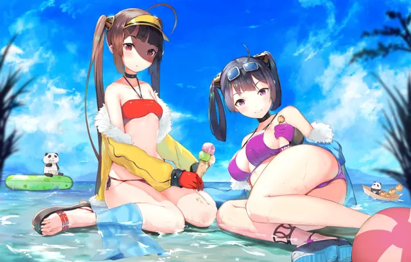 Вода, Море, Пляж, Девушки, Панда, Арт, Azur Lane