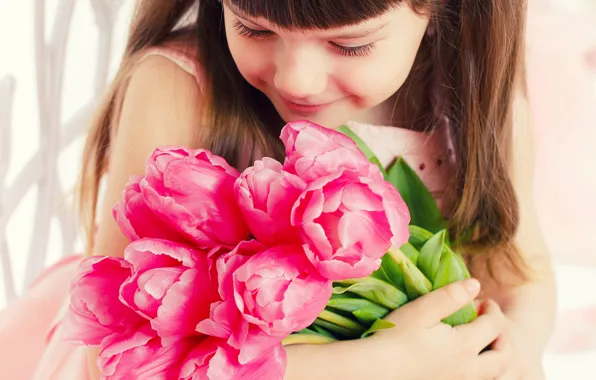 Картинка девушка, цветы, лицо, ребенок, тюльпаны