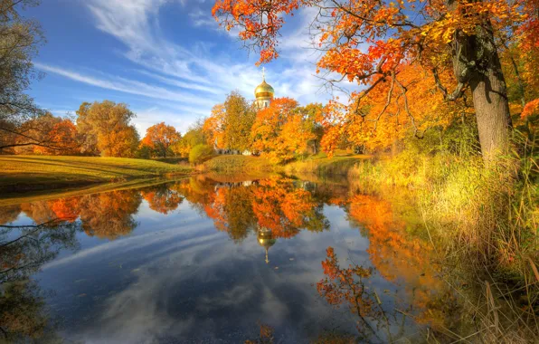 Осень, небо, деревья, природа, отражение, река, церковь, Ed Gordeev