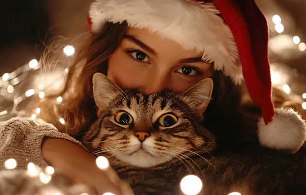 Кошка, кот, взгляд, девушка, свет, огни, серый, портрет