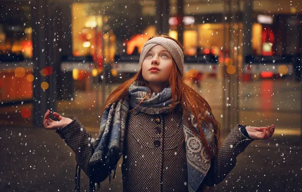 Снег, девочка, рыжеволосая, пальто, j e t t e, Ahmed Hanjoul