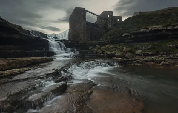 Камни, замок, скалы, берег, здание, водопад, холм, остов