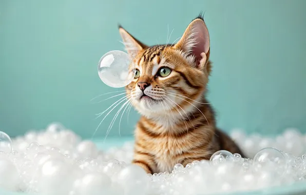 Кошка, взгляд, пена, поза, котенок, купание, мыльные пузыри, ванна
