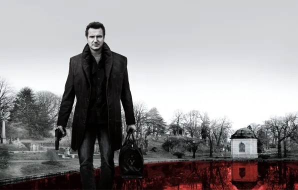 Картинка пистолет, кладбище, черно-белое, сумка, Liam Neeson, Лиам Нисон, Прогулка среди могил, A Walk Among the …