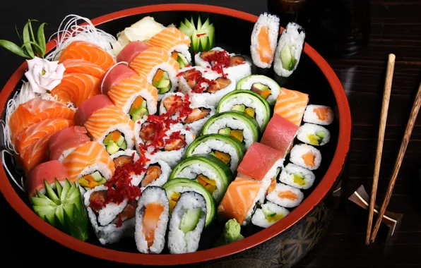 Палочки, миска, черный фон, много, суши, роллы, подача, азиатская кухня